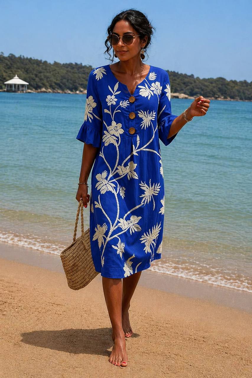 Women's Boho Embroidered Beach Midi Dress