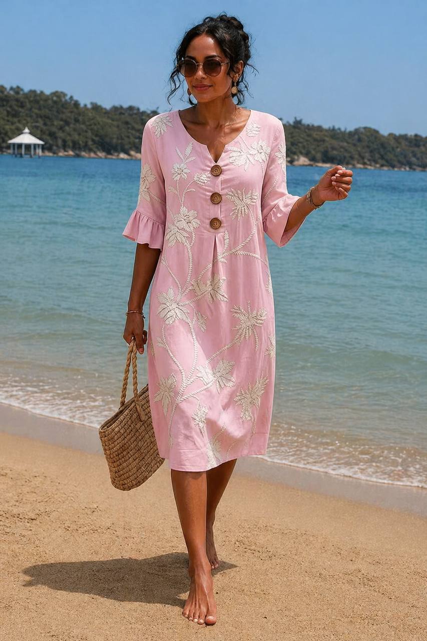 Women's Boho Embroidered Beach Midi Dress