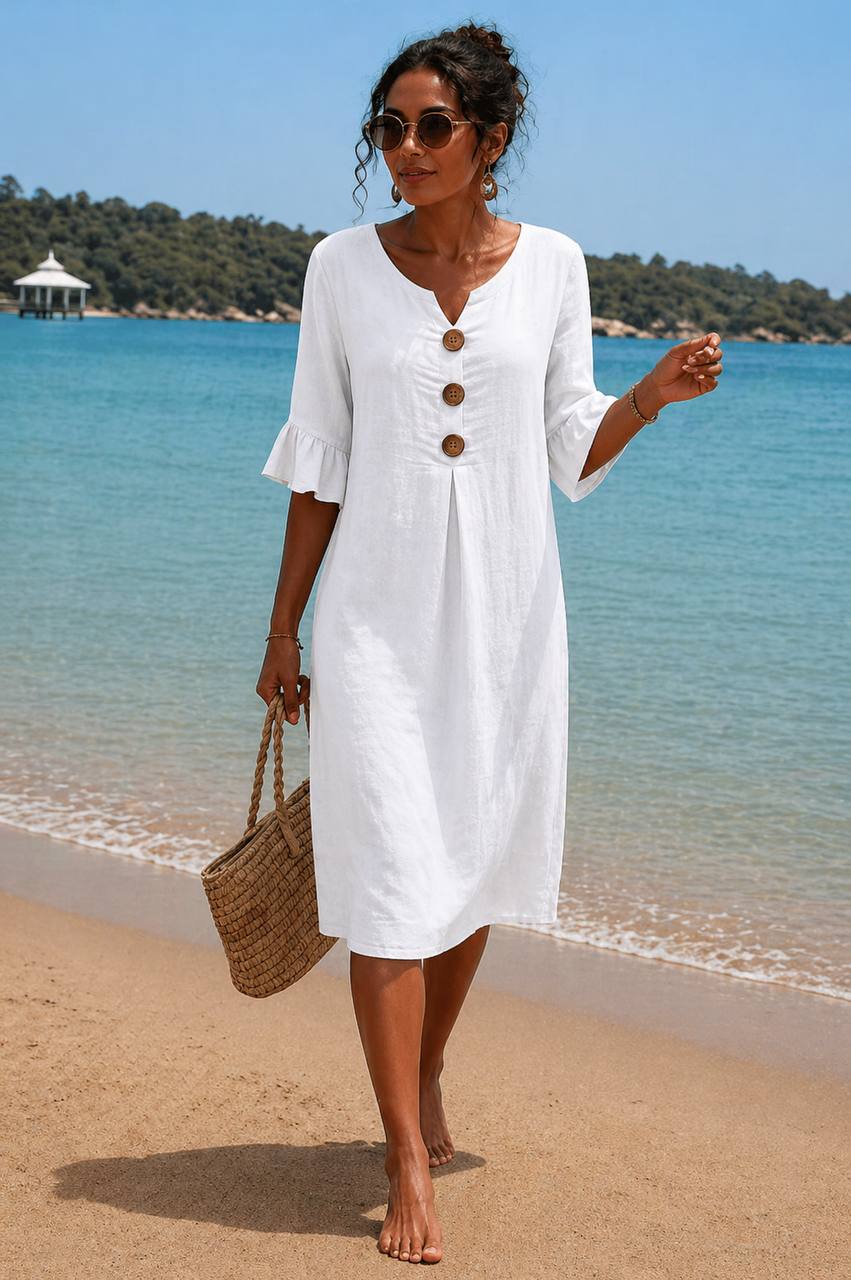 Women's Casual Linen Button Front Midi Dress