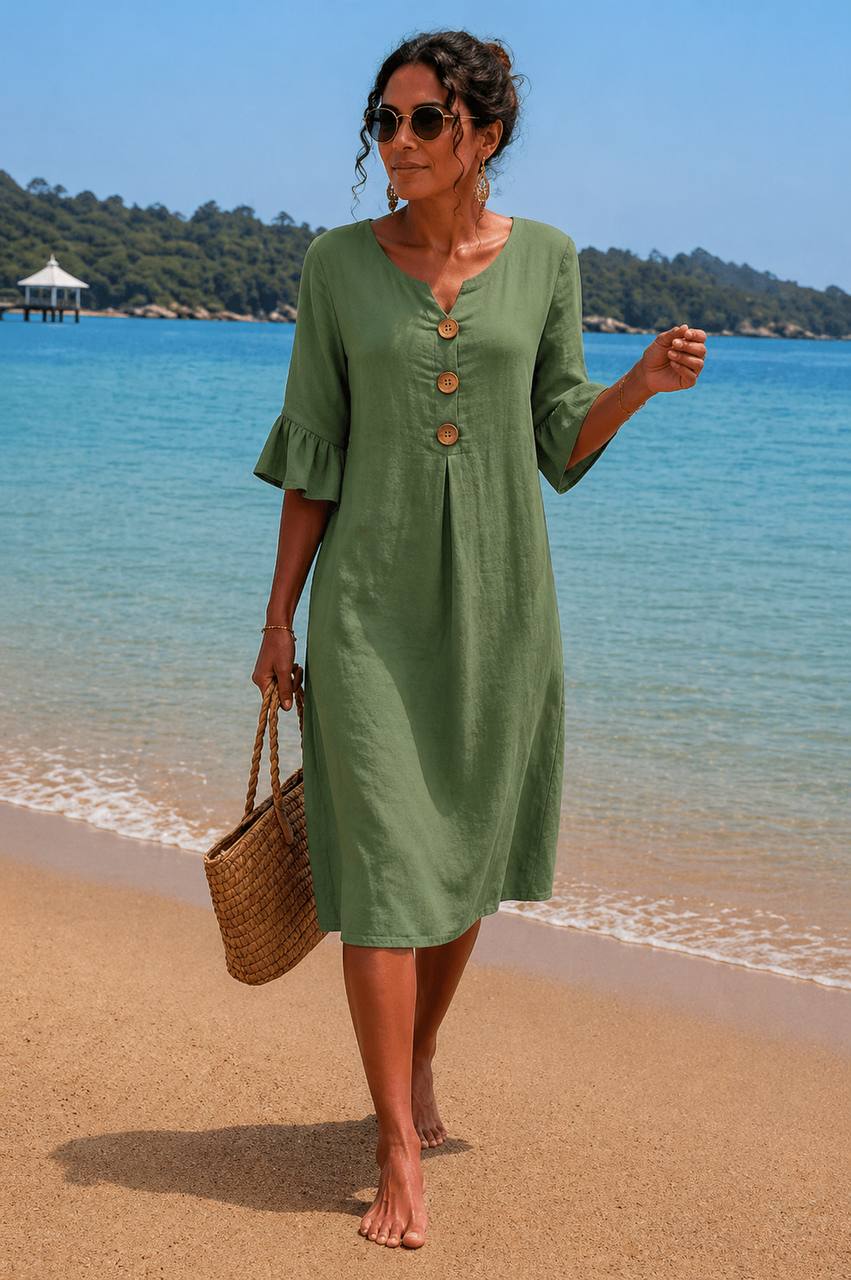 Women's Casual Linen Button Front Midi Dress