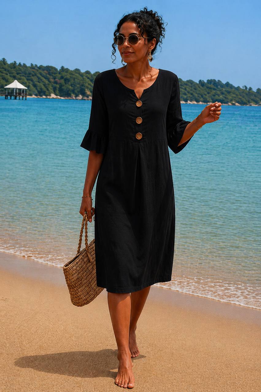 Women's Casual Linen Button Front Midi Dress