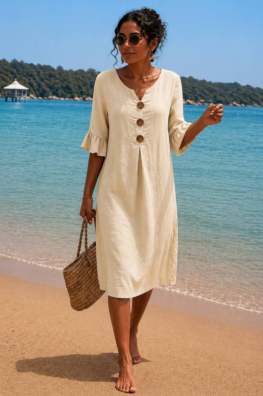 Women's Casual Linen Button Front Midi Dress