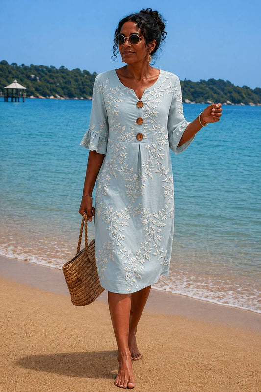 Women's Embroidered Button Front Midi Dress