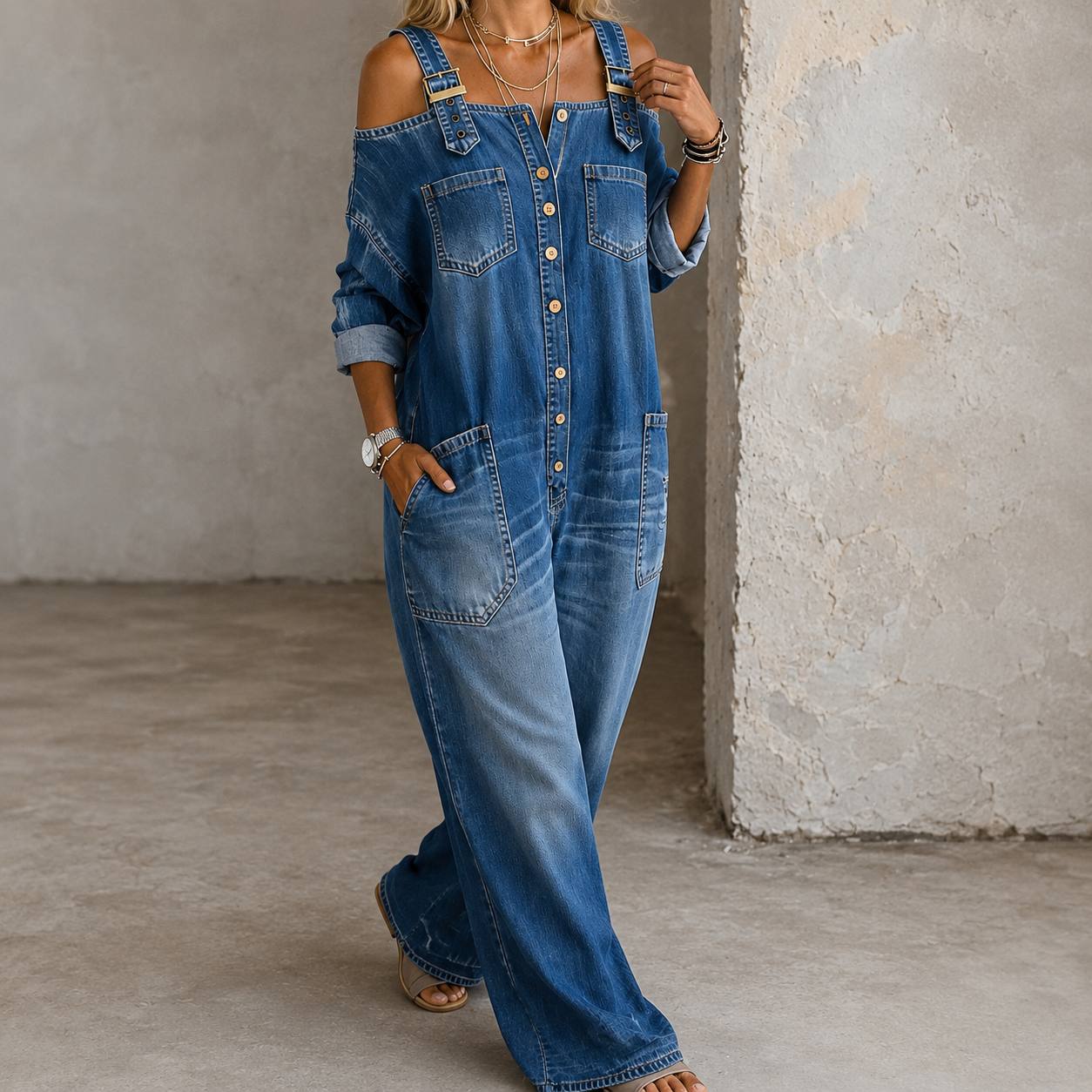 Women's Casual Denim Wide Leg Jumpsuit