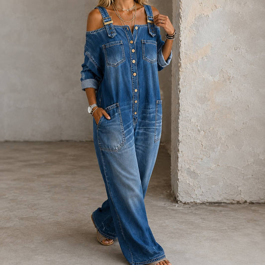 Women's Casual Denim Wide Leg Jumpsuit