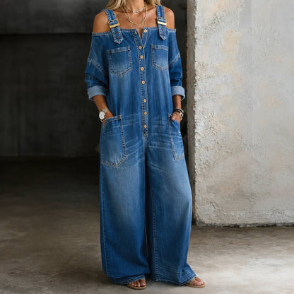 Women's Casual Denim Wide Leg Jumpsuit