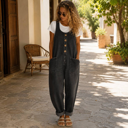 Women's Casual Button Front Dungaree Jumpsuit