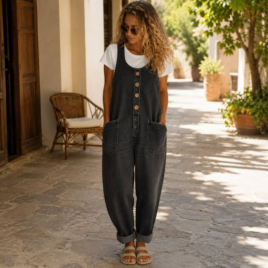 Women's Casual Button Front Dungaree Jumpsuit