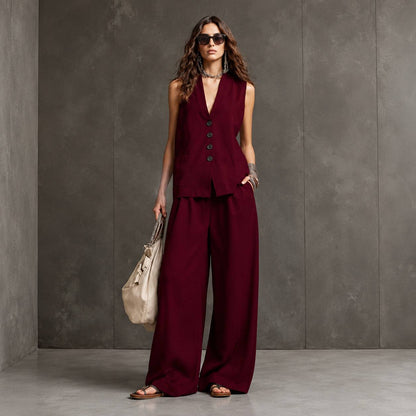 Women's Sleeveless Waistcoat Wide Leg Set