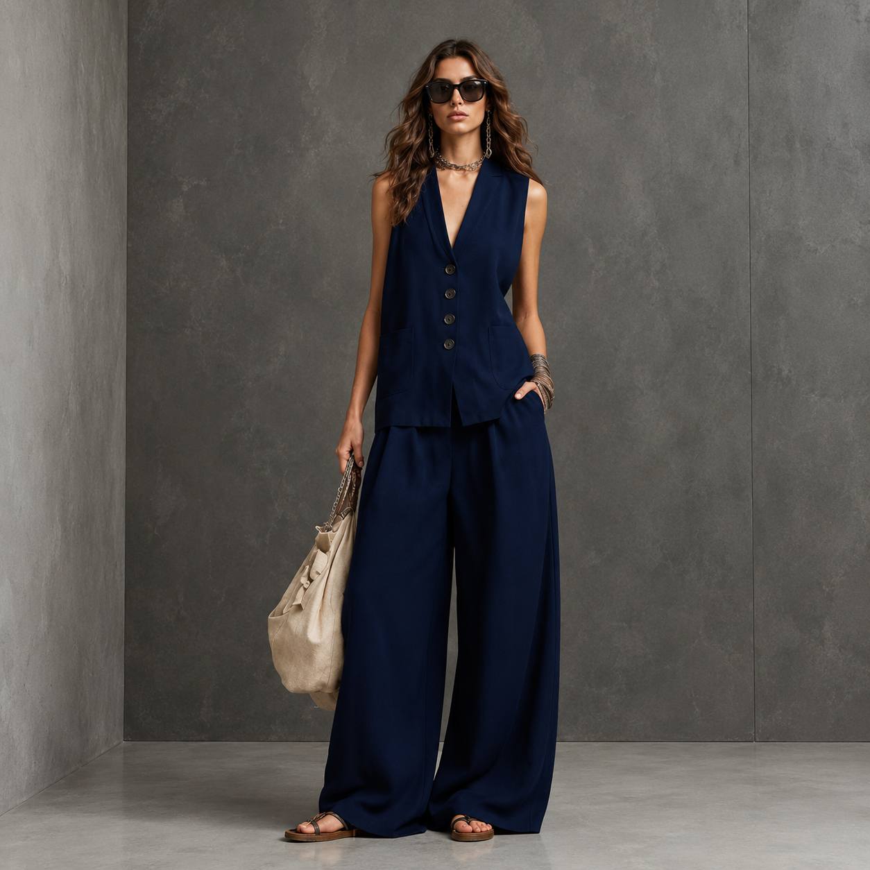 Women's Sleeveless Waistcoat Wide Leg Set