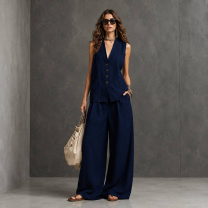 Women's Sleeveless Waistcoat Wide Leg Set