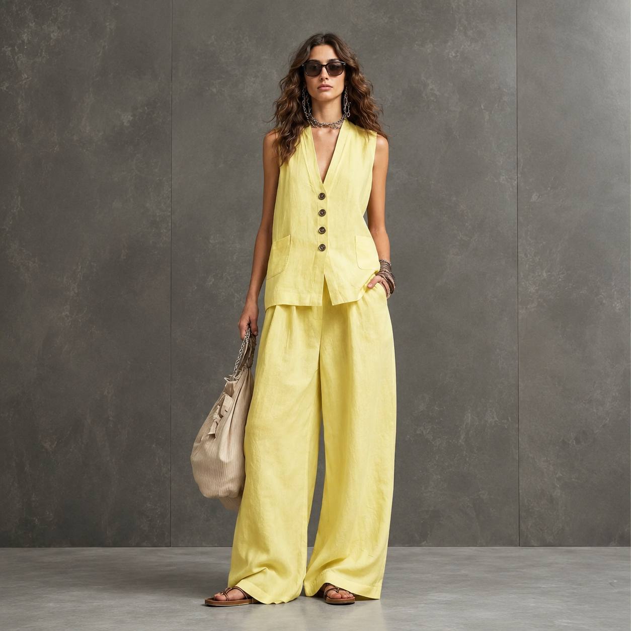 Women's Sleeveless Waistcoat Wide Leg Set