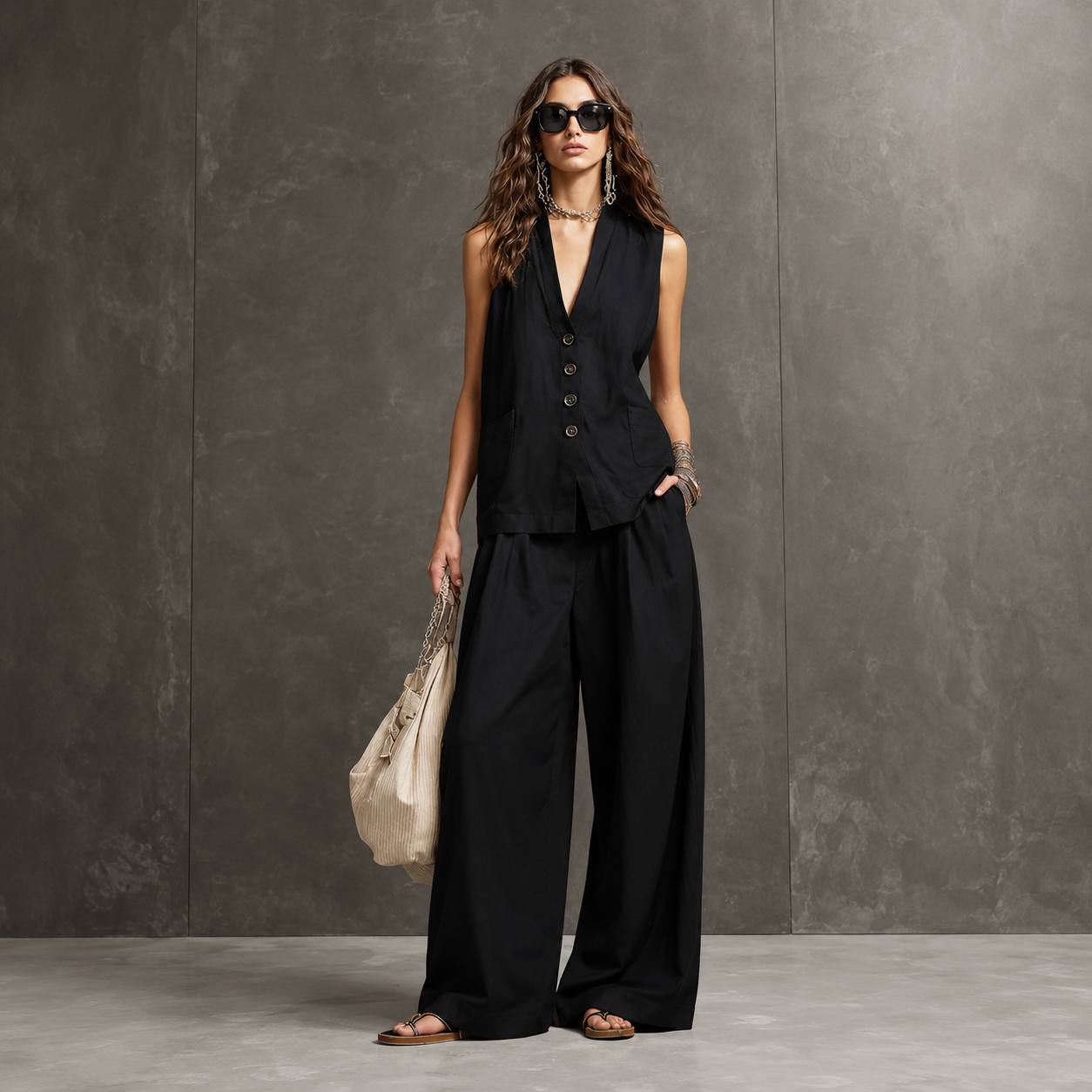 Women's Sleeveless Waistcoat Wide Leg Set