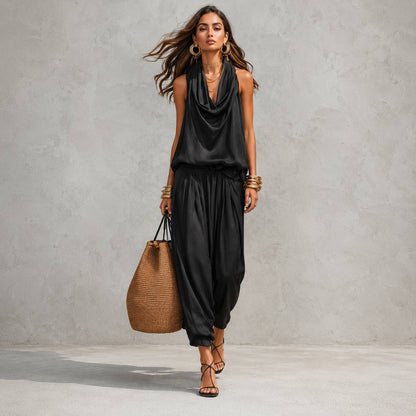 Women's Sleeveless Drape Top & Harem Pants Set