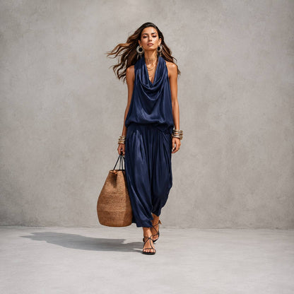 Women's Sleeveless Drape Top & Harem Pants Set