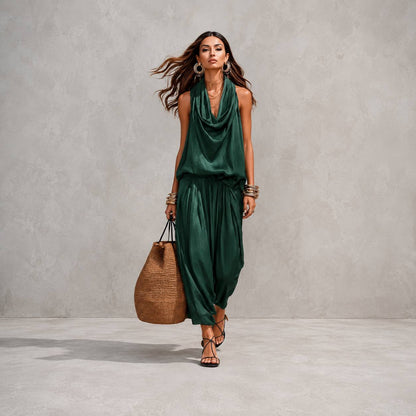 Women's Sleeveless Drape Top & Harem Pants Set