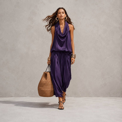 Women's Sleeveless Drape Top & Harem Pants Set