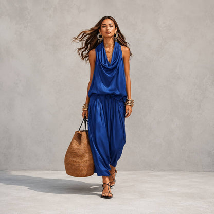 Women's Sleeveless Drape Top & Harem Pants Set