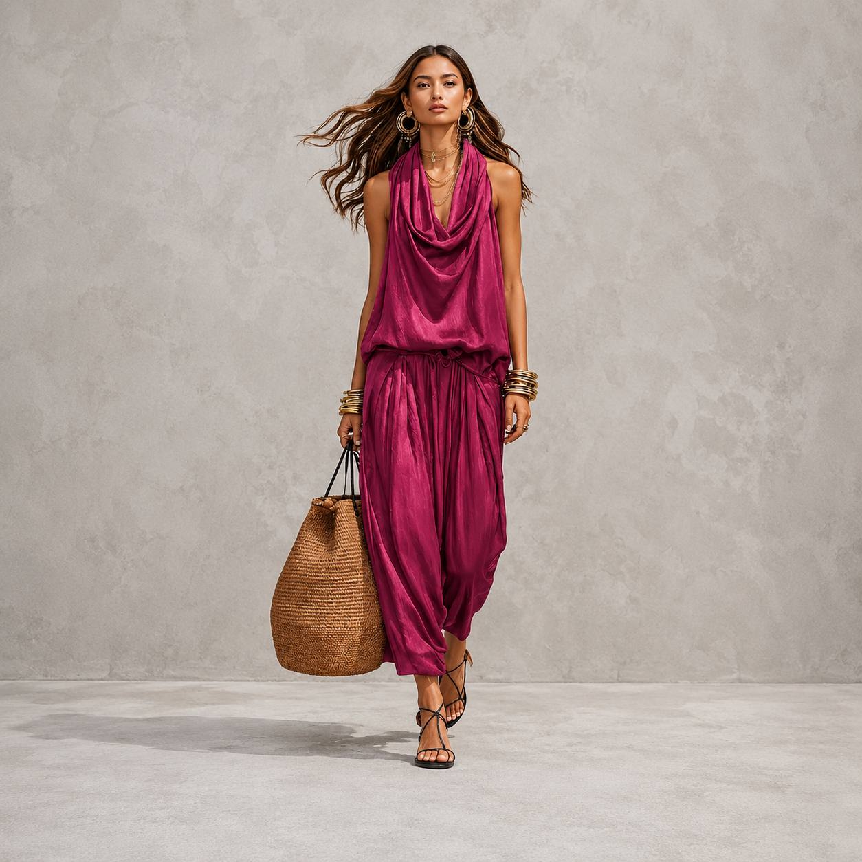 Women's Sleeveless Drape Top & Harem Pants Set