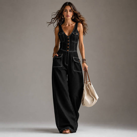 Women's Button Front Denim Wide Leg Jumpsuit