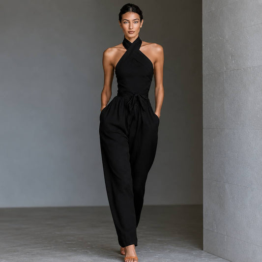 Women's Halter Neck Tie Waist Jumpsuit