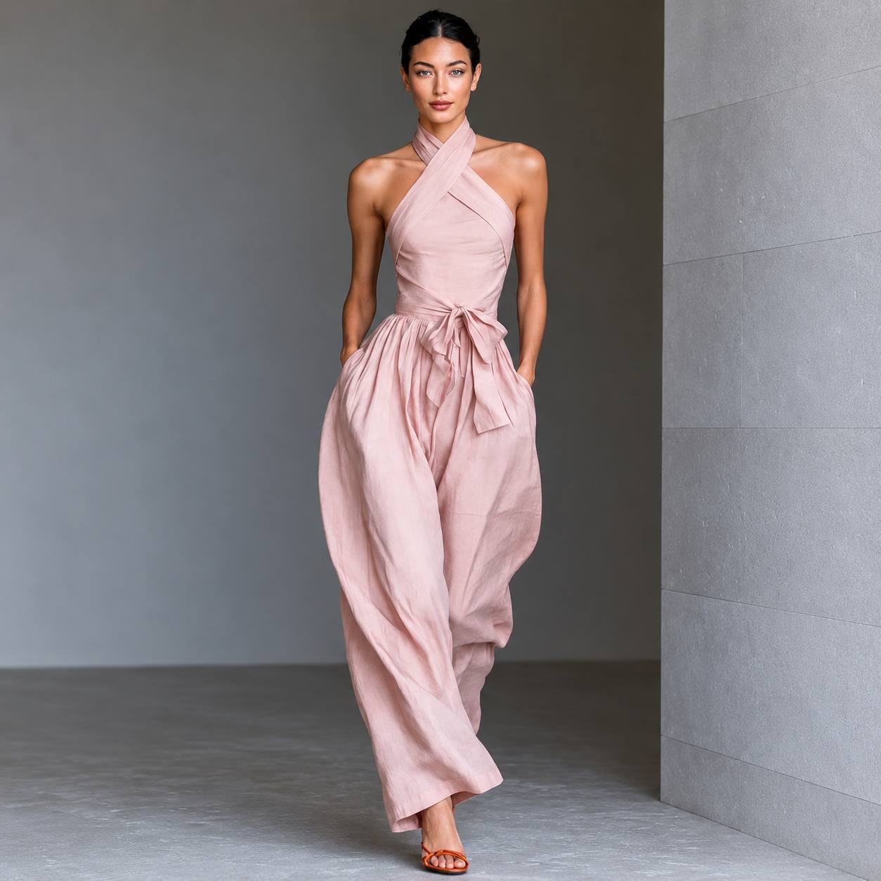 Women's Halter Neck Tie Waist Jumpsuit