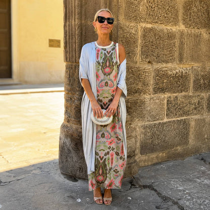 Women's Printed Sleeveless Maxi Dress with Cardigan