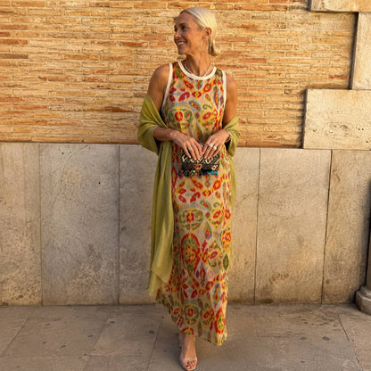 Women's Printed Sleeveless Maxi Dress with Cardigan