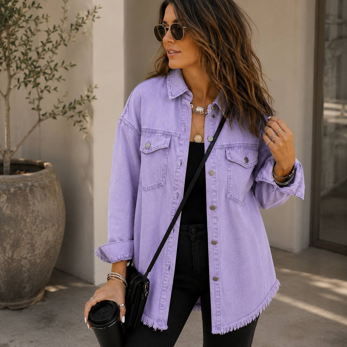 Women's Oversized Frayed Hem Denim Jacket