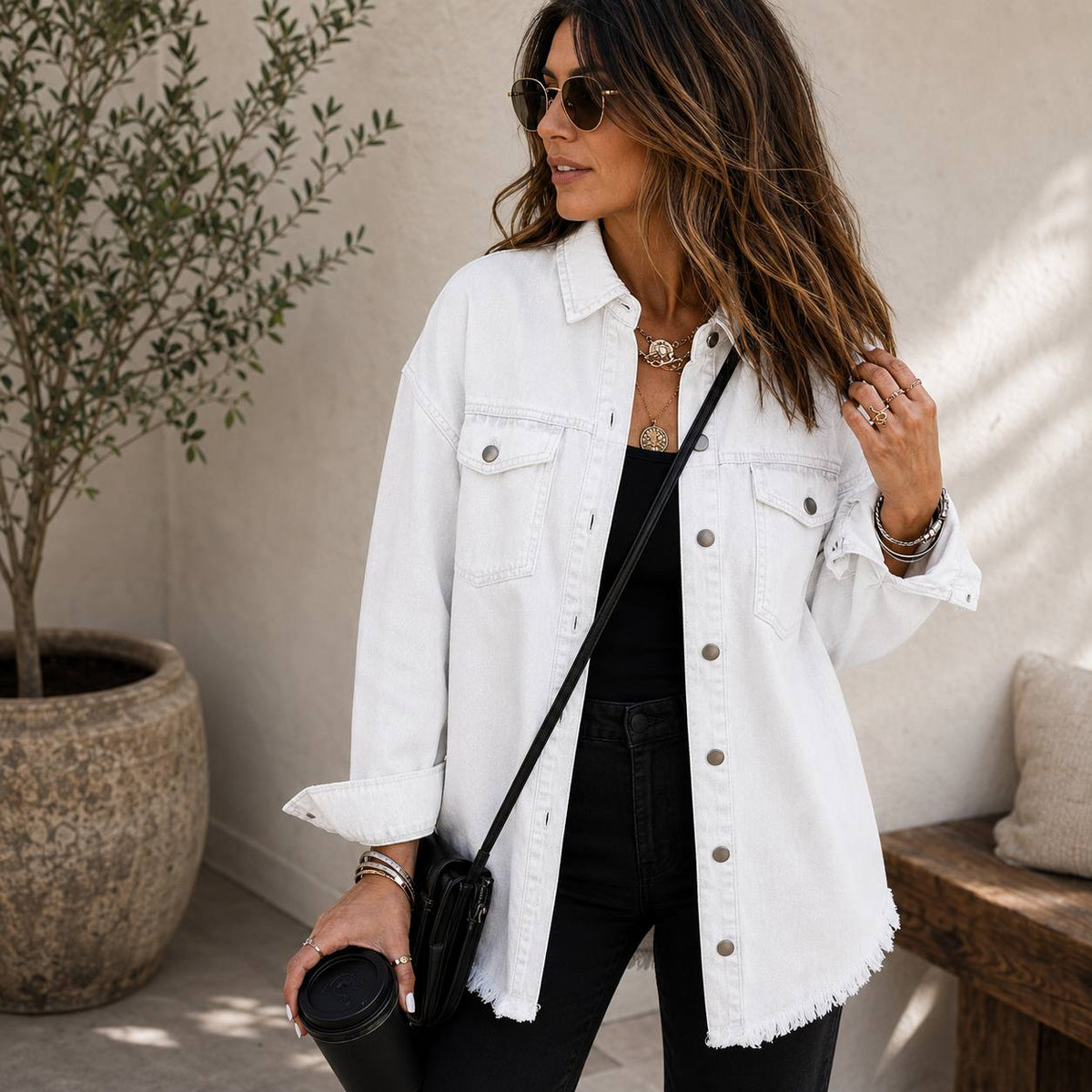 Women's Oversized Frayed Hem Denim Jacket