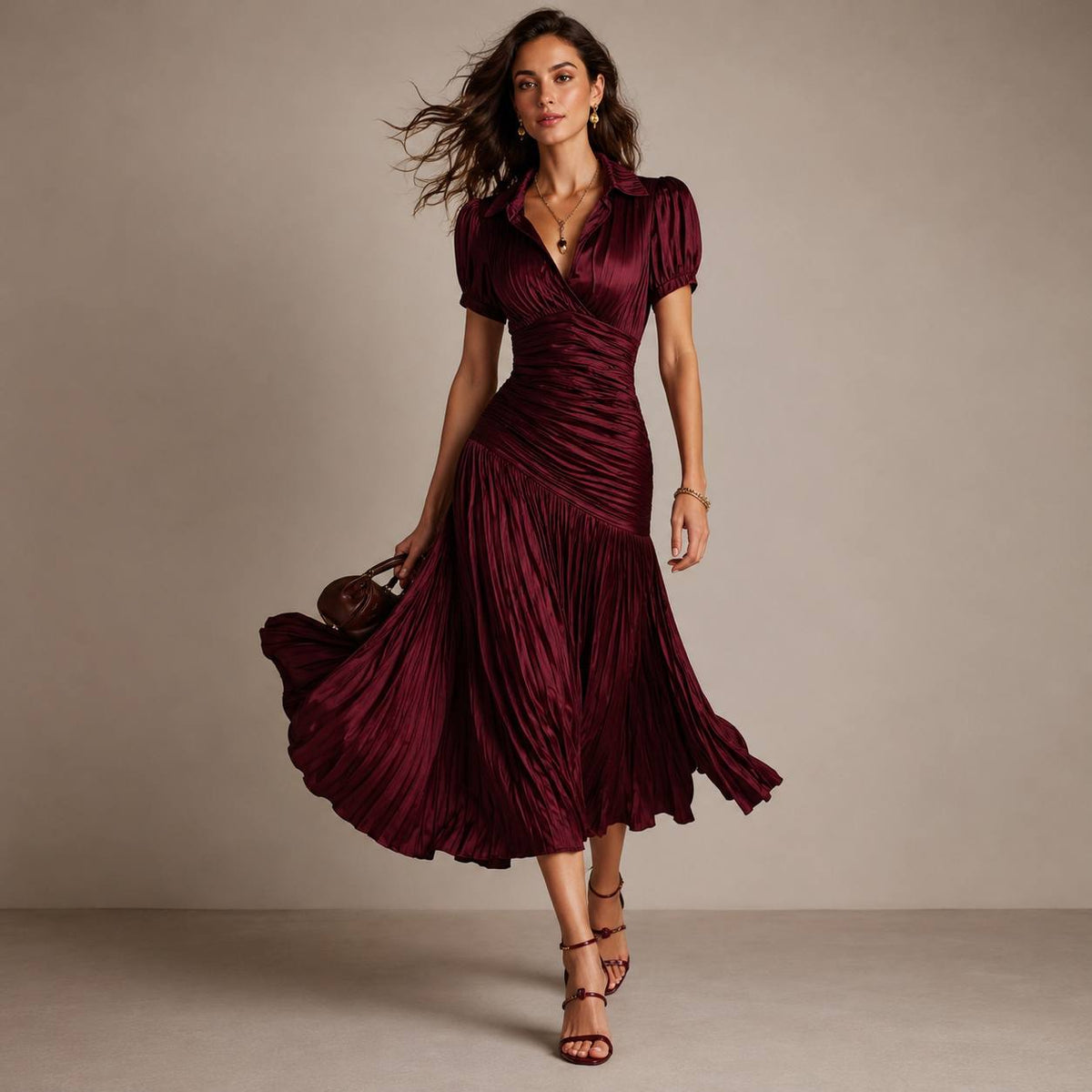 Women's Ruched Pleated Midi Dress