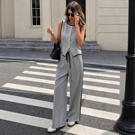 Women's Casual Sleeveless Vest & Wide Leg Pants Set