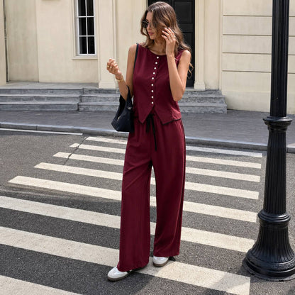 Women's Casual Sleeveless Vest & Wide Leg Pants Set