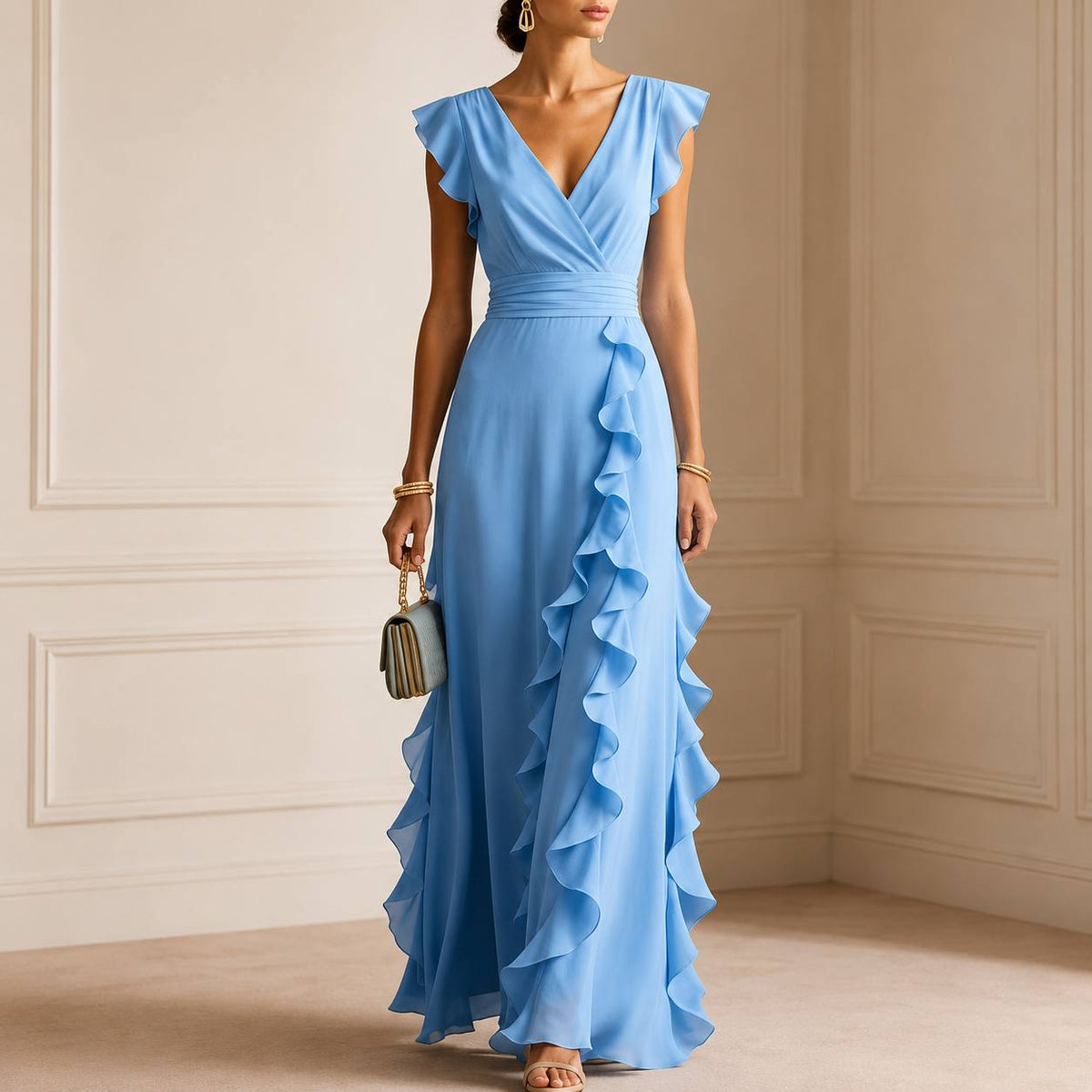 Women's Elegant Ruffle Trim Maxi Dress