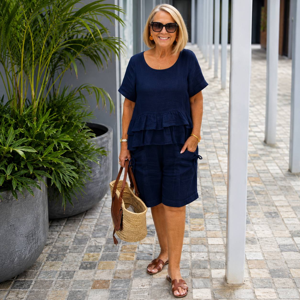 Women's Ruffle Linen Two-Piece Shorts Set