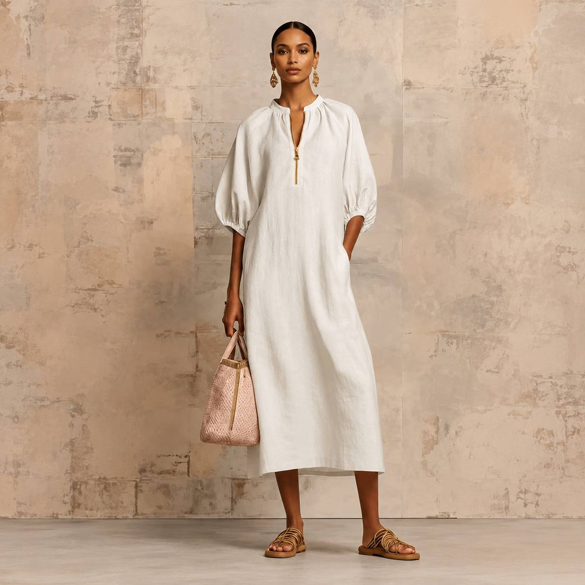 Women's Relaxed Puff Sleeve Zip-Neck Midi Dress