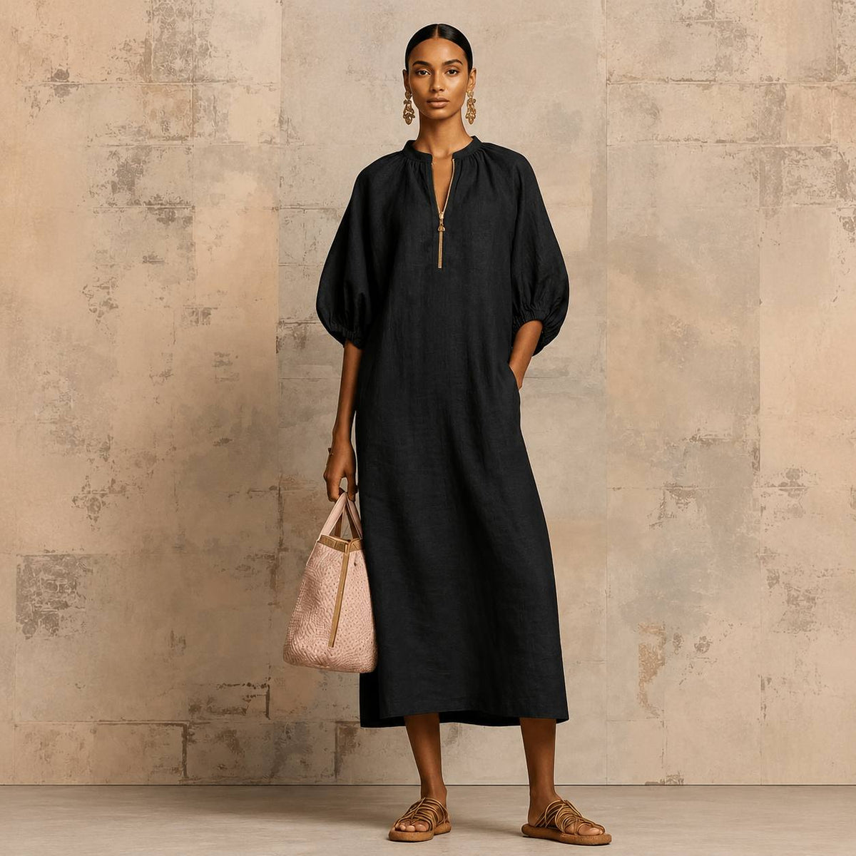 Women's Relaxed Puff Sleeve Zip-Neck Midi Dress