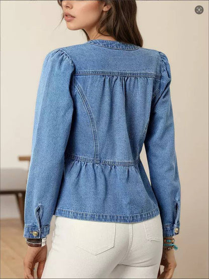 Women's Button Front Peplum Denim Jacket