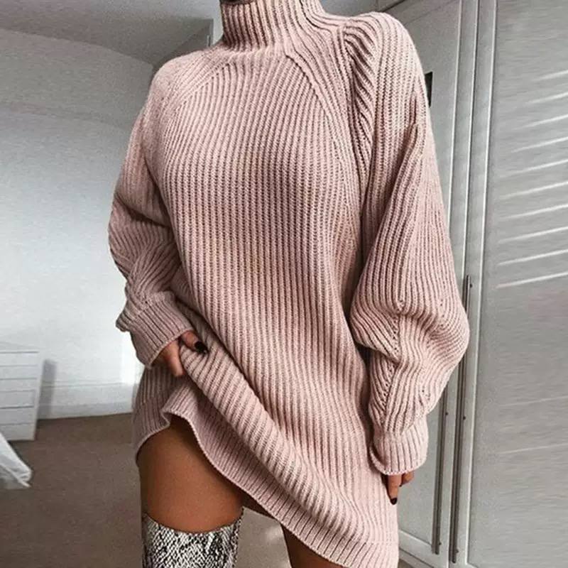 Women's Oversized Cable Knit Turtleneck Sweater Dress