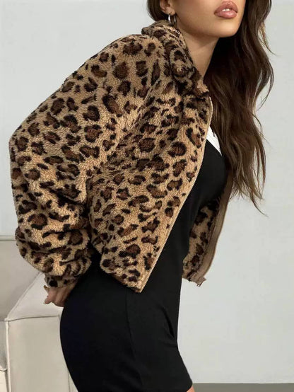 Women's Leopard Print Teddy Fleece Jacket