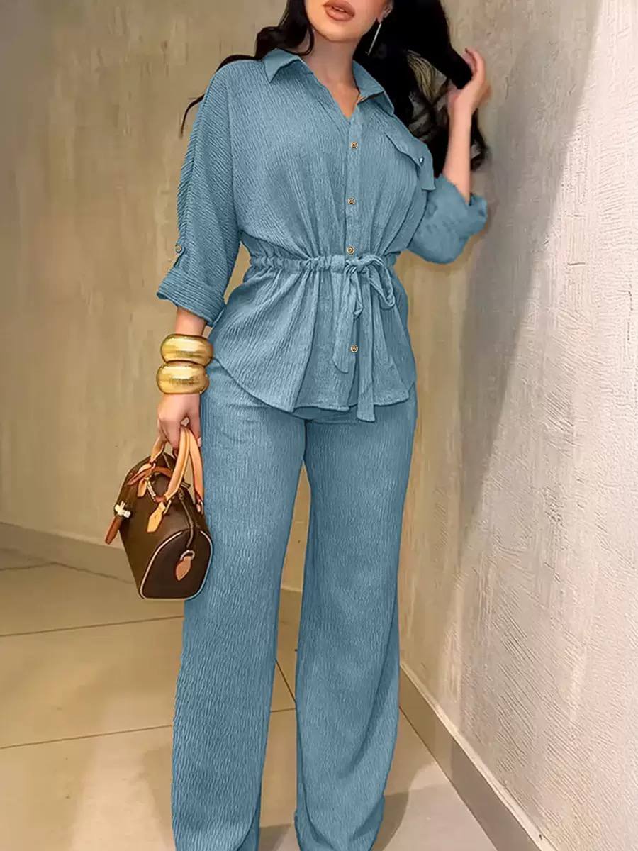 Women's Waisted Crinkle Shirt and Pants Set
