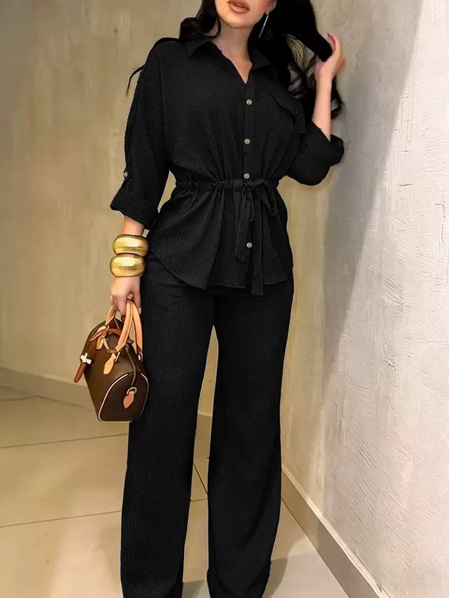 Women's Waisted Crinkle Shirt and Pants Set