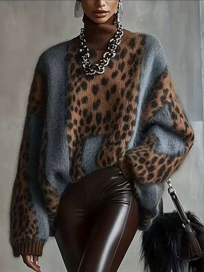 Women's Leopard Color Block Turtleneck Sweater