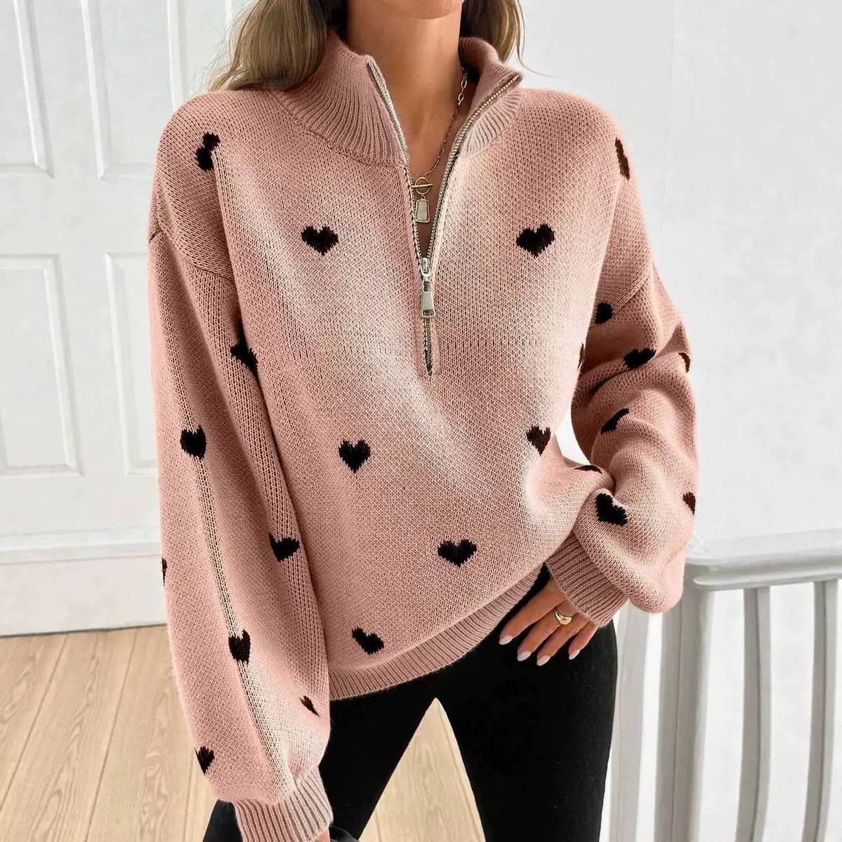 Women's Heart Print Quarter Zip Sweater