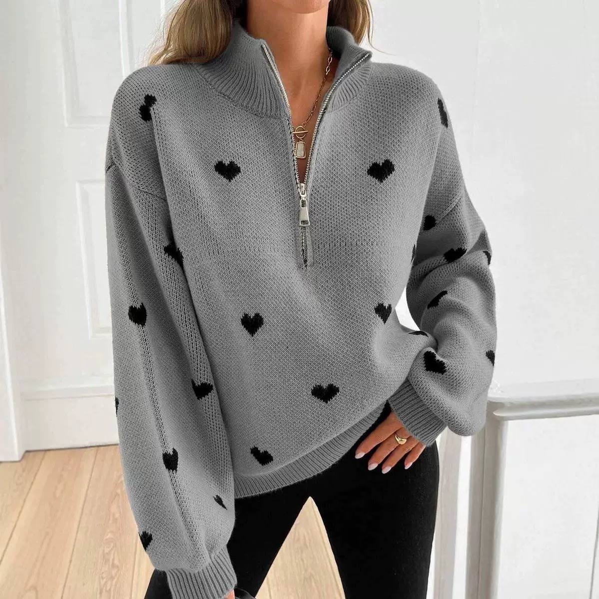 Women's Heart Print Quarter Zip Sweater