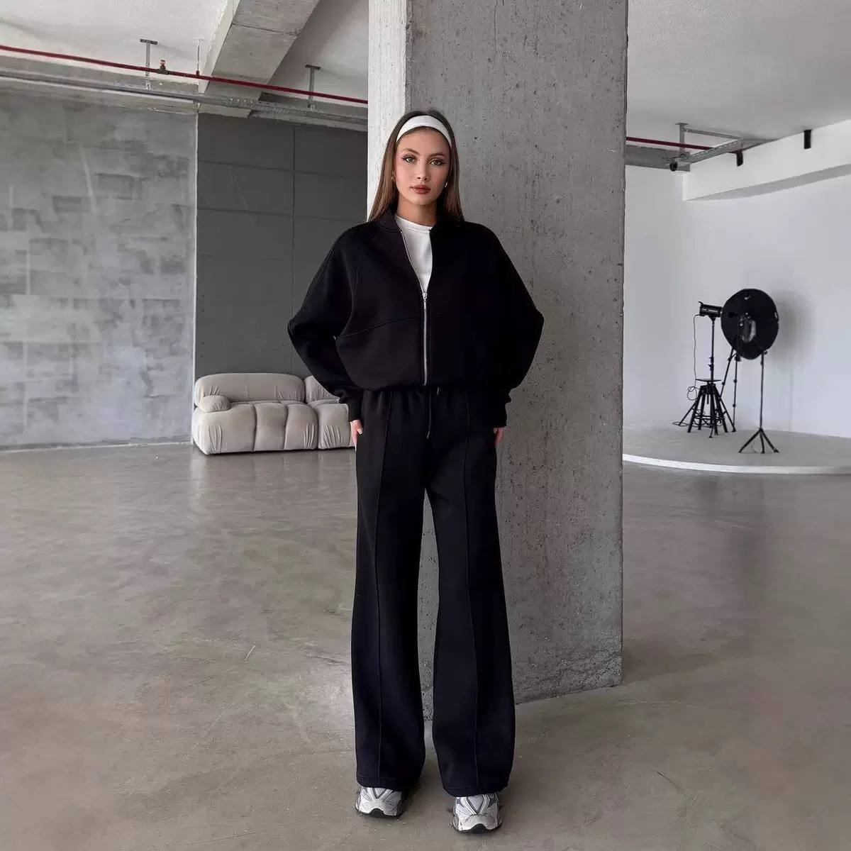 Women's Zip Up Sweatshirt Wide Leg Set