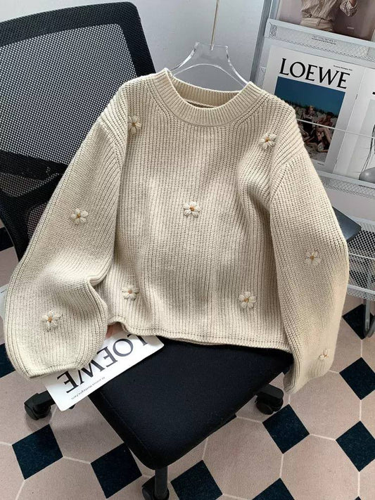 Floral Embroidered Knit Sweater – Crew Neck with Relaxed Fit