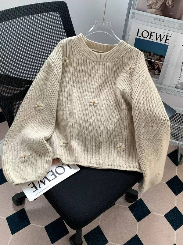 Floral Embroidered Knit Sweater – Crew Neck with Relaxed Fit