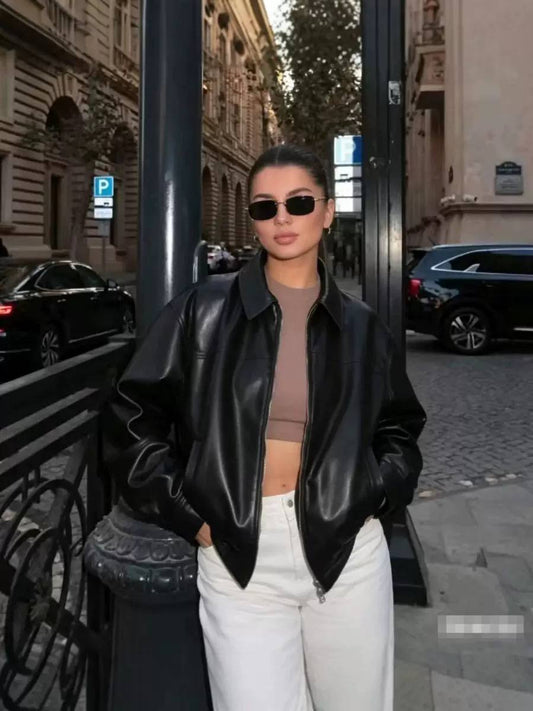 Leather Bomber Jacket – Oversized Fit with Collared Neck & Zip Front