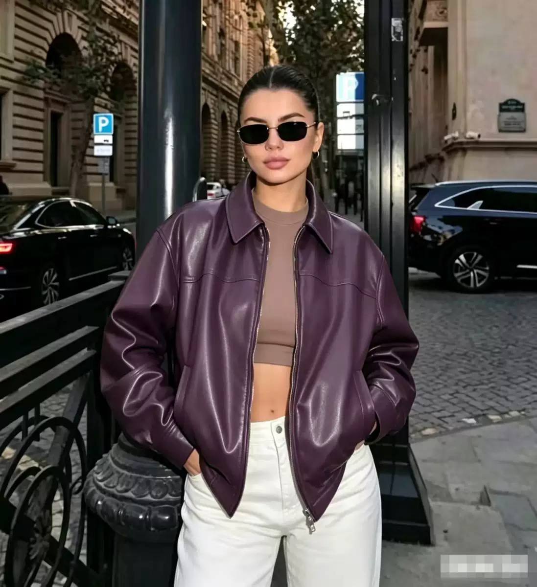 Leather Bomber Jacket – Oversized Fit with Collared Neck & Zip Front